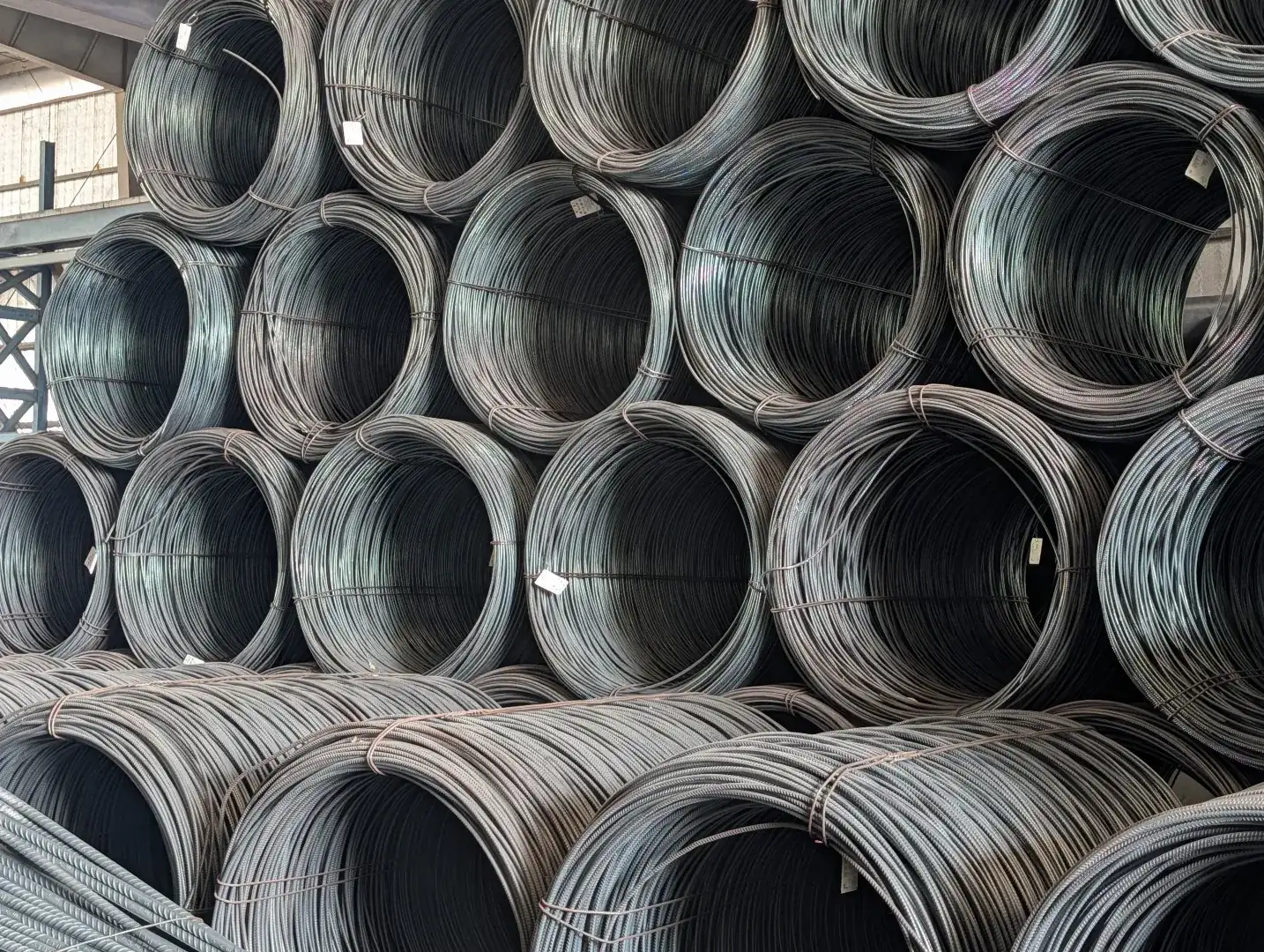 Stacked rebar coils in stock at the Global Trade House facility